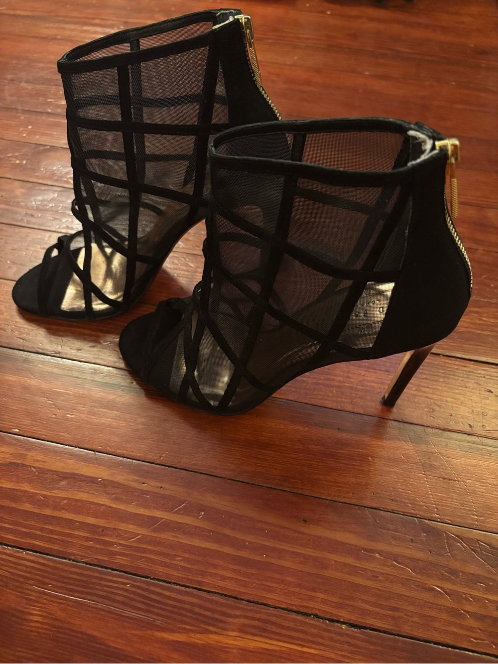 Black Mesh Caged High Heel Ankle Booties